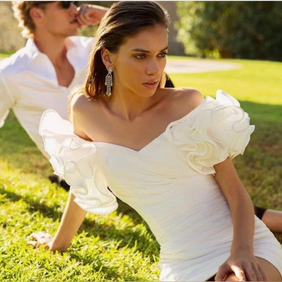 Allure evening size 6 puffy sleeves white mini dress - Picture 1 of 13